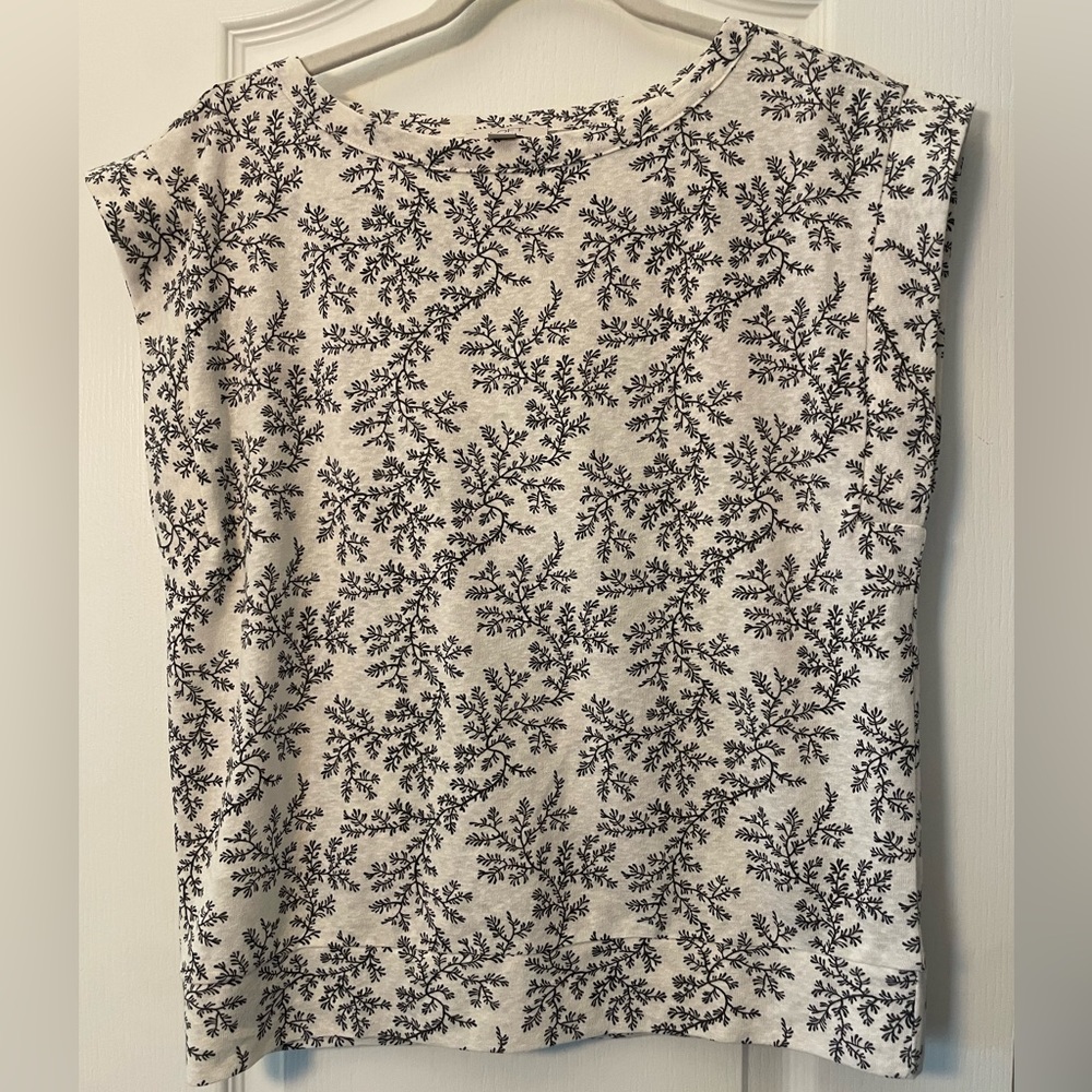 LOFT Ivory Linen Printed Top EUC